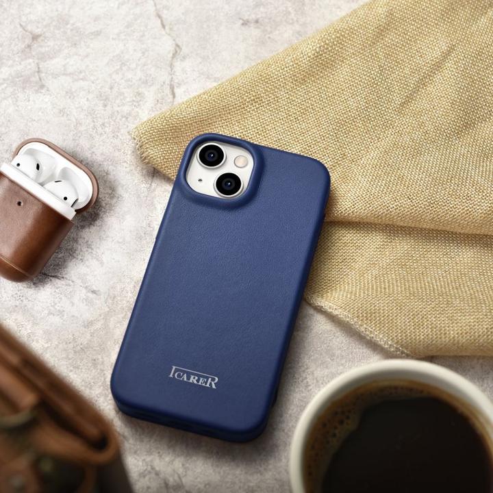 Actual product image iCarer CE Premium Leather Folio Case for iPhone 14 Plus Magnetic Flip Leather Folio Case MagSafe Blu (Apple iPhone 14 Plus)