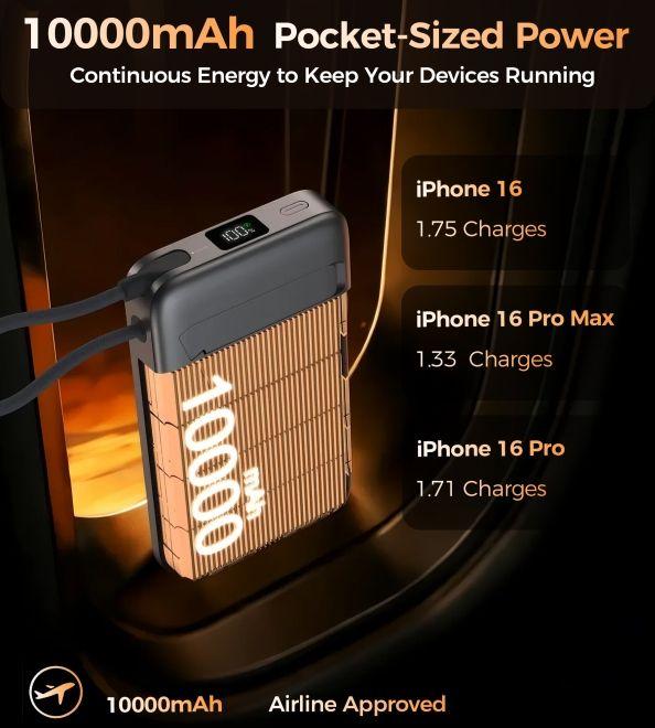 Immagine prodotto Choetech PowerLeap 15W Qi2 Wireless Powerbank 10'000mAh mit integriertem USB-C Kabel (max. 35W) (10000 mAh, 30 W, 38.50 Wh)