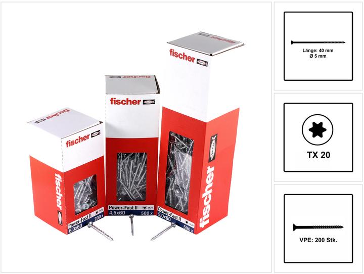 Actual product image Fischer Power-Fast II FPF II chipboard screw 5,0x40 mm 200 pieces ( 670372 ) countersunk head with Torx Te (200 Screws per piece)
