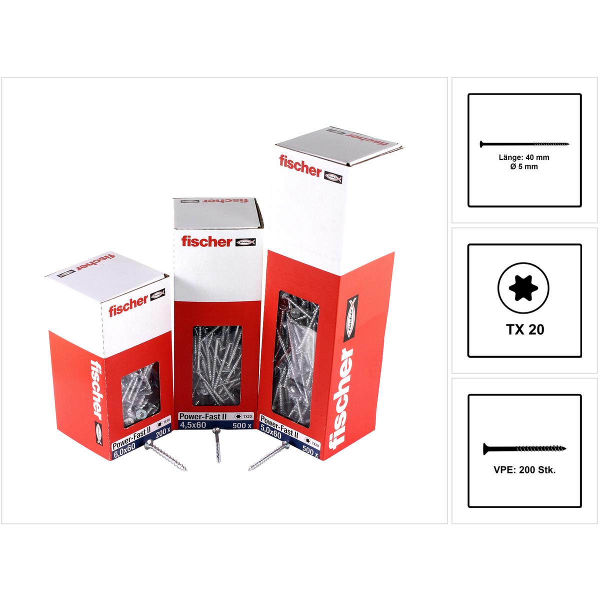 Fischer, Schrauben, PowerFast II 5,0x40 SK TX TG blvz 200 (200 Schrauben pro Stück)