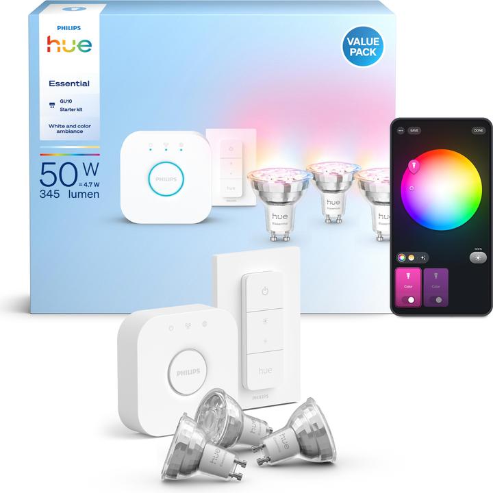 Produktbild Philips Hue Starter Kit Essential White & Color Ambiance + Bridge (GU10, 4.70 W, 345 lm, 5 x, F)