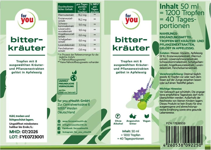 Nutritional values and ingredients For You bitter herbs drops (1 Piece, Droplet)