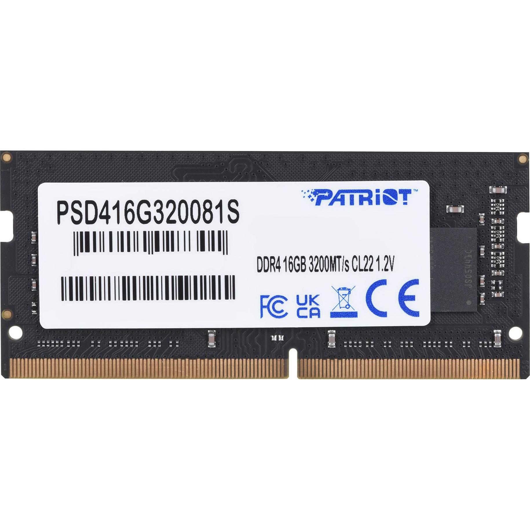 Patriot Signature PSD416G320081S Speichermodul GB DDR4 (1 x 16GB, 3200 MHz, DDR4-RAM, SO-DIMM), RAM, Schwarz