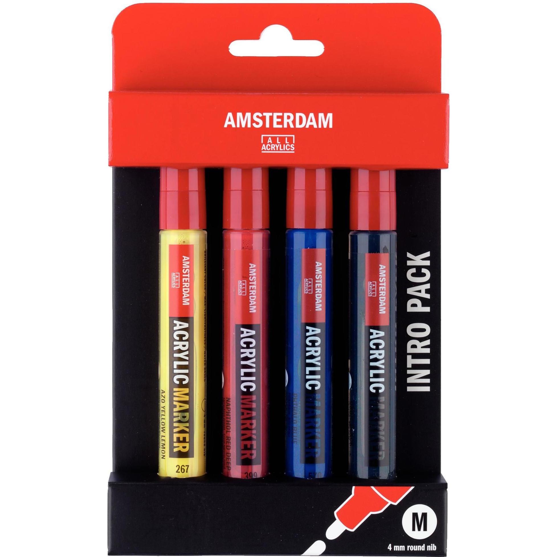 Amsterdam, Marker, Acrylmarker Basic Set 4 Stück (Schwarz, Rot, Gelb, Blau, 4 mm, 4 x)