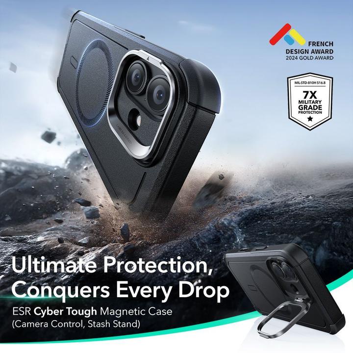 Produktbild ESR Cyber Tough Magnetic Case (Camera Control, Stash Stand), for iPhone 17, Black (Apple iPhone 17)
