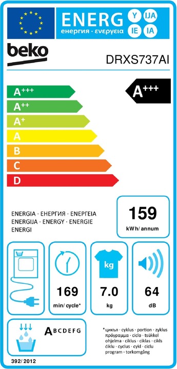 Energy Label Beko DRXS737AI tumble dryer Free installation Front loading 7 kg A++ (7 kg, Right)