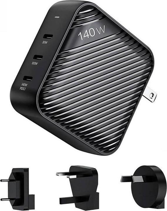 Invzi Wall charger GanHub 3x USB-C, 140W, EU/UK/AU/US (black) (140 W)