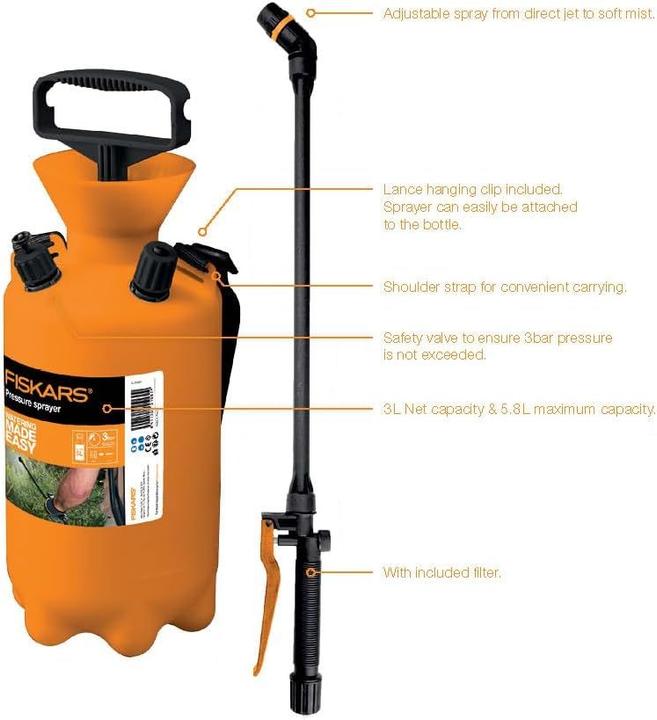 Productafbeelding Fiskars Drukspuit, Voor plantenbehandelingen op waterbasis, Verstelbaar spuitpatroon, Veiligheid (5 l)