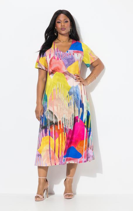 Produktbild Ulla Popken Midi-Slinkykleid, A-Linie, V-Ausschnitt, Flügel-Halbarm (60)