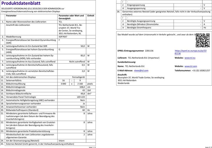 Nutritional values and ingredients TCL 43P7K (43", QLED, 4K, 2025)