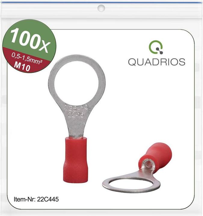 Actual product image Quadrios 22C445 Ring cable lug cross-section (max.)=1.5 mm² hole-Ø=10.5 mm Partially insulated Red 1 set