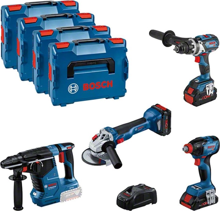 Image du produit Bosch Professional Kit Combo avec 4x 18V : GSR18V-110C/GDX18V-210C/GWS18V-10/GBH 18V-24C, 3x batterie