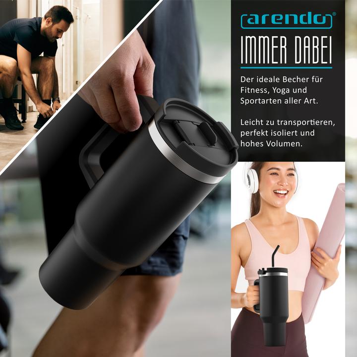 Produktbild Arendo Thermobecher 1200 ml, Thermal Mug, Becher mit Deckel, Henkel & Strohhalm, Tumbler, Edelstahl (1.20 l)