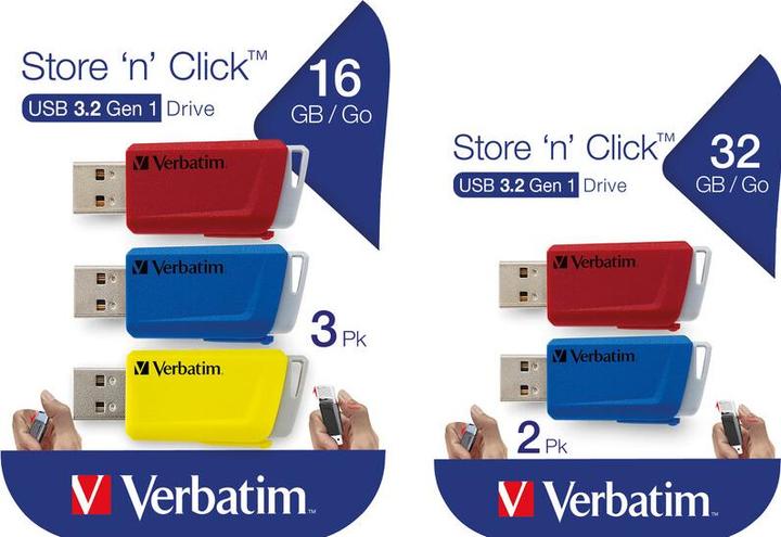 Productafbeelding Verbatim USB-stick 2x 32GB 3.2 Store'n Click Gen1 rood/blauw extern verkooppunt (32 GB, USB-A)