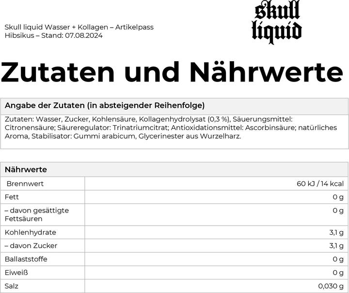 Nährwerte und Zutaten Skull Liquid Water & Collagen - Hibiskus (12x330ml Dose) (Hibiskus, 12 x)