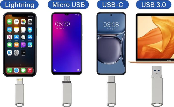 Image du produit PowerGuard iFlashDrive 4in1 USB-C Lightning MicroUSB 64GB Adaptateur USB 3.0 OTG (Lightning, Micro USB, USB-A, USB-C, Lightning, Micro USB, USB-C)