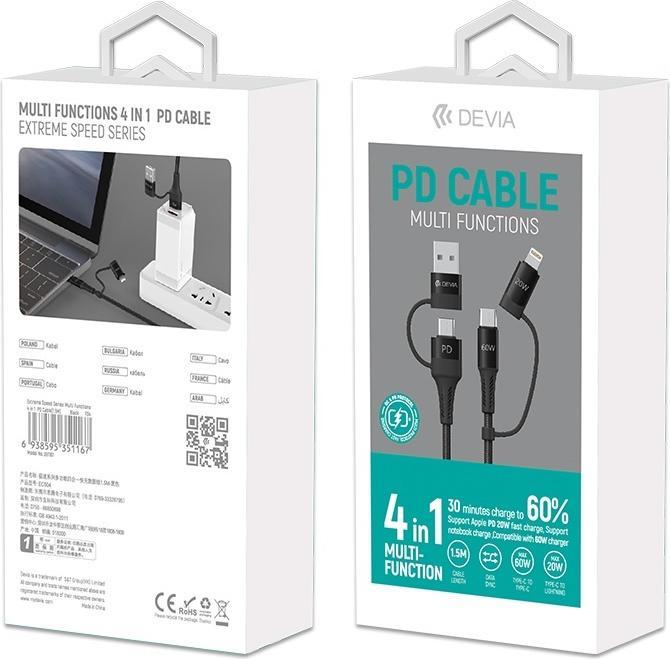 Produktbild Devia Kabel Extreme 4in1 PD USB-C + USB - USB-C + Lightning 1,5 m schwarz (1.50 m, USB 3.2 Gen 1, 60 W)