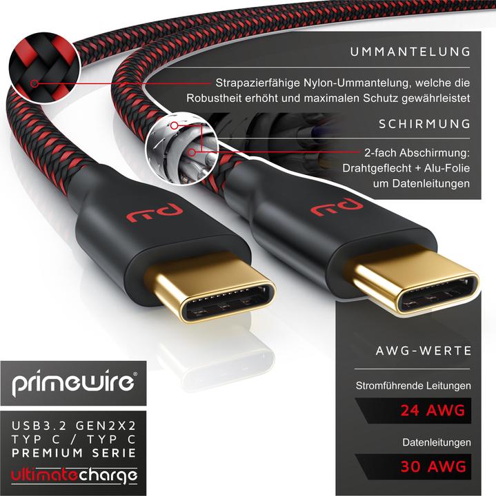 Image du produit Primewire Câble USB-C 3.1 vers USB C Gen 2 / Câble de charge / Câble de données pour smartphone, tablette (1 m, USB 3.1)