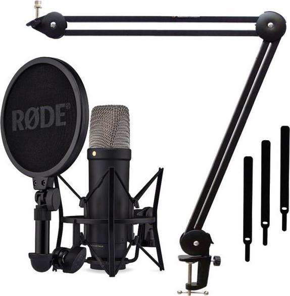 Dust bag, XLR cable 6m, USB-C to USB-C cable 3m, SM6 spider with pop shield, NT1 5th Generation Microphone, Incl microphone clip, Incl 3 Velcro cable ties, Keepdrum MS138 microphone boom, Articulated tripod, Made of metal 360 degree swivelling Table clamp up to 50mm Quick and easy mounting