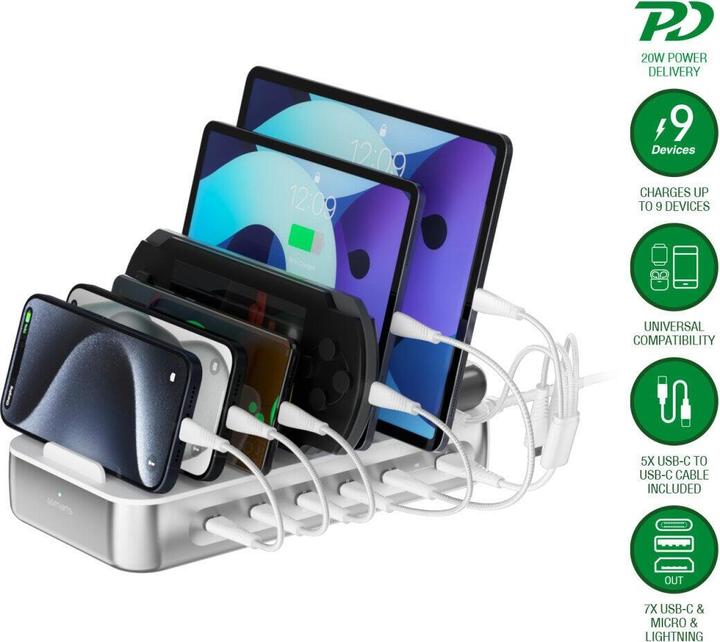 Produktbild 4smarts Ladestation Team 100W 5C/1A inkl. 6 Kabel Silber