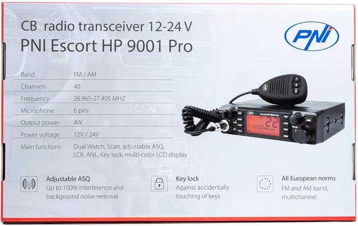 Actual product image PNI CB radio Escort HP 9001 PRO ASQ adjustable, AM-FM, 12V/24V, 4W, Scan, Dual Watch, ANL, more