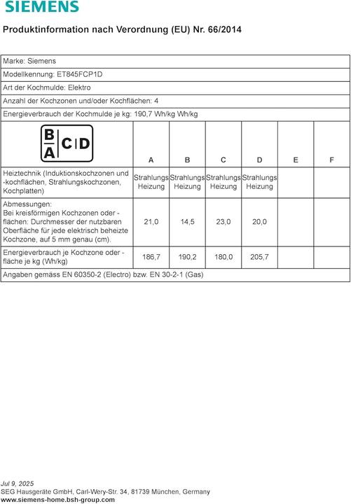 Valeurs nutritives et ingrédients Siemens ET845FCP1D (79.50 cm, Table de cuisson en vitrocéramique)
