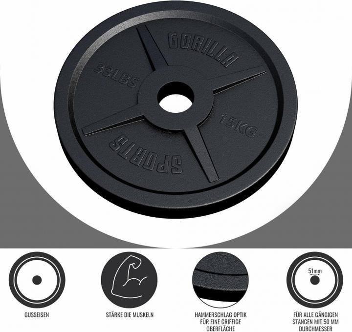 Immagine prodotto Gorilla Sports Piastra di peso 50/51mm 15 kg (1 x 15 kg)