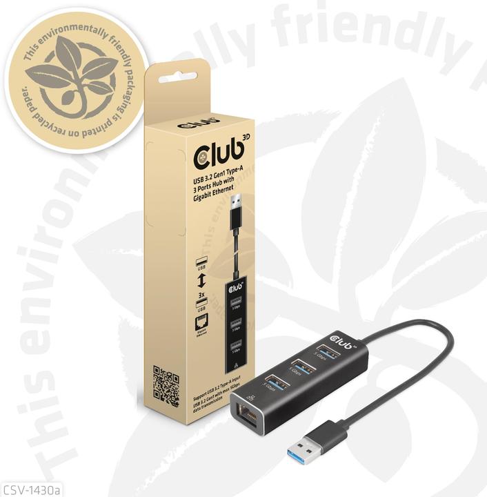 Produktbild Club 3D Club3D Adapter USB 3.2 Typ A > 3x USB 3.2 Typ A/LAN retail (USB-A, 3 Ports)