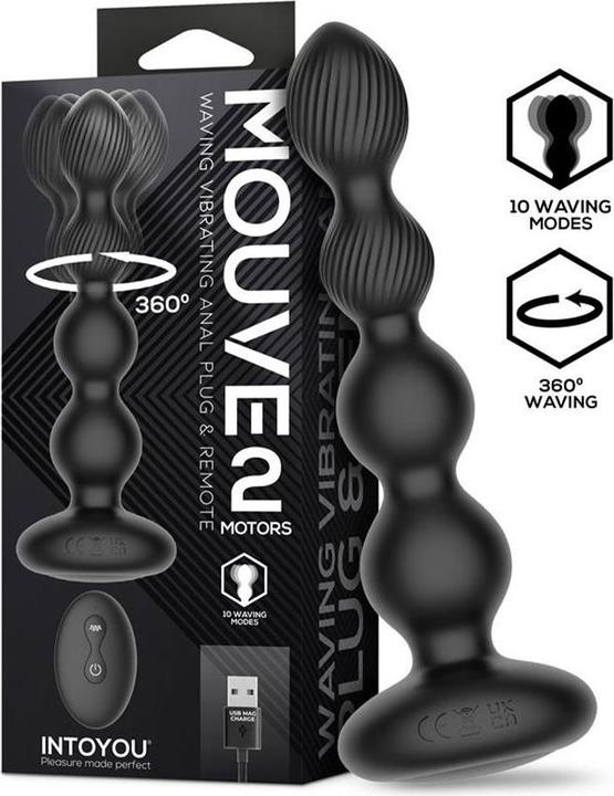 IntoYou Mouve - Analplug mit Vibration und Wellenbewegungen, Fernbedienung, 2 Motoren - Schwarz
