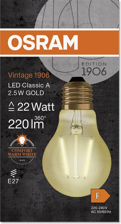 Produktbild Osram Vintage 1906 Led Classic A (E27, 2.50 W, 220 lm, 1 x, F)