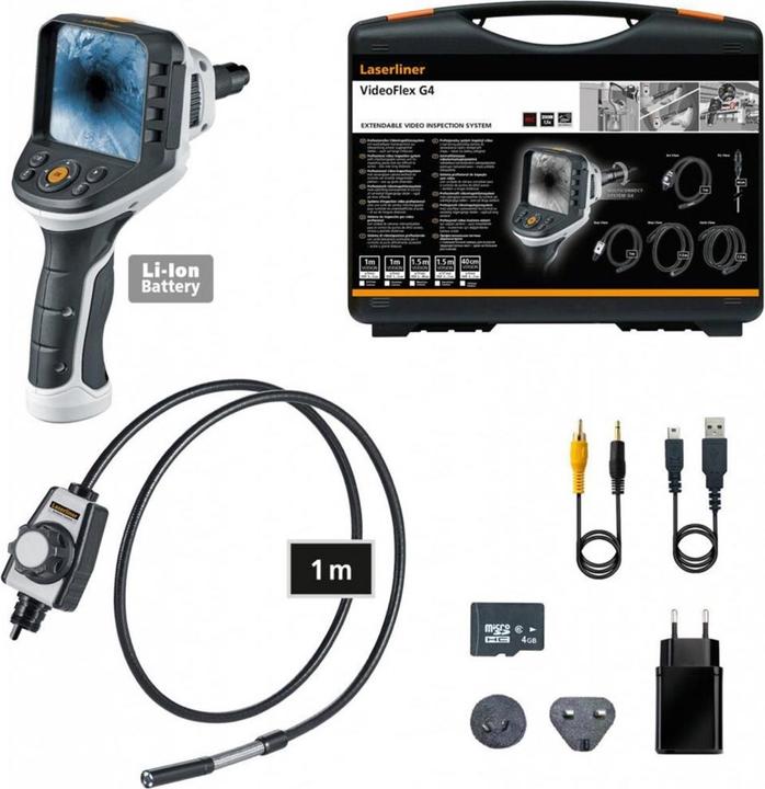 VideoFlex G4 ArcView Camera 1 m Li-Ion battery pack Mains, Charger incl. internat. Adapter USB cable Video connection cable Carrying case