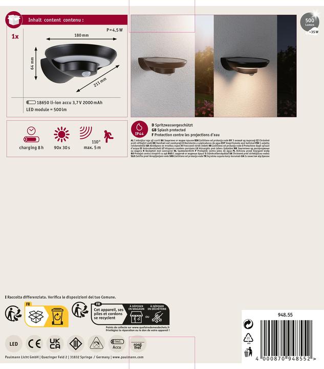 Produktbild Paulmann Solar Wandleuchte Bordola (220 lm, IP44)