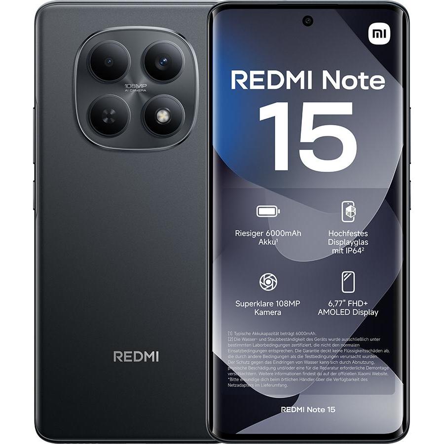 Xiaomi REDMI Note 15 (128 GB, Black, Schwarz, 6.77", Dual SIM, 4G), Smartphone, Schwarz