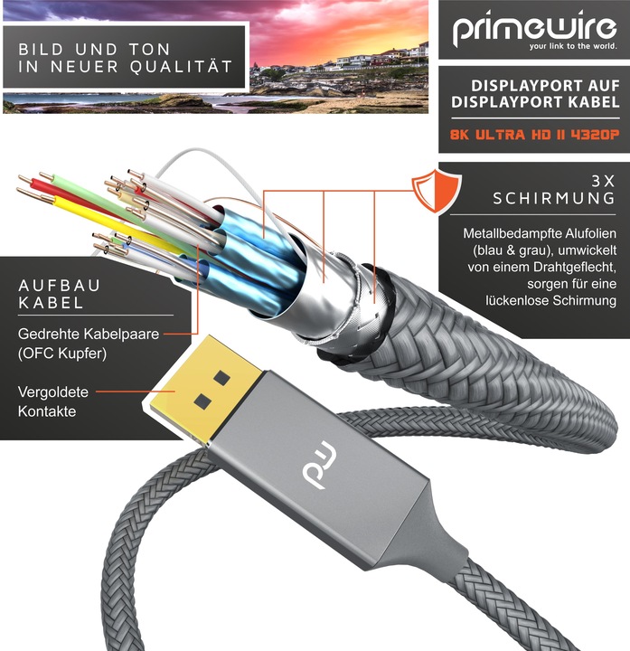 Actual product image Primewire DisplayPort Cable, DP 1.4 with Nylon Jacket 8K 7680 x 4320 @ 60Hz / 4k 3840 x 2160 120Hz with DSC (1 m, DisplayPort)