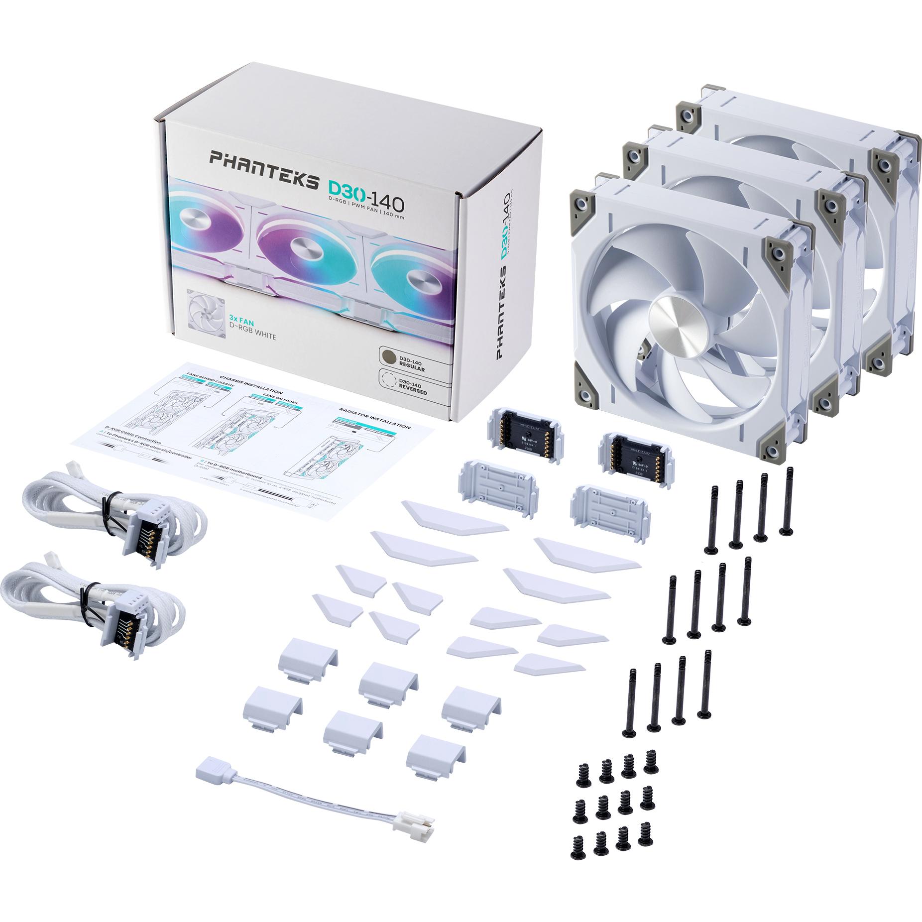 Phanteks Ventola D30 PWM a flusso d'aria regolare, D-RGB, confezione da 3 - 140 mm, bianco (140 mm, 3 x), Ventola PC, Bianco