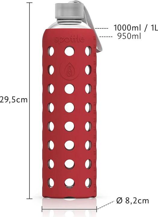 Produktbild Spottle Glasflasche mit Silikonhülle von rot 1Liter (1 l)