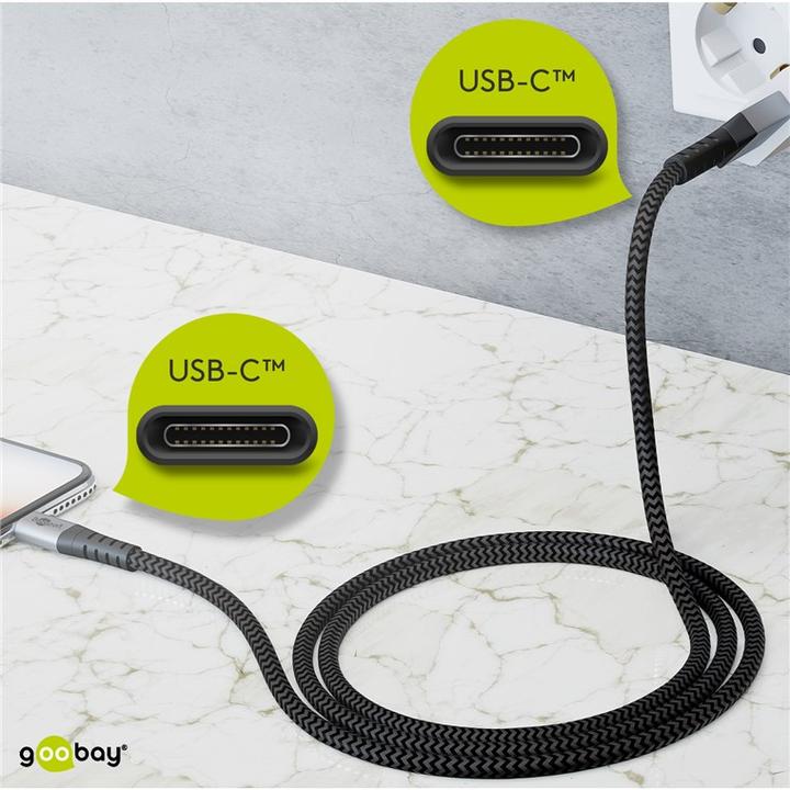 Productafbeelding Goobay USB-C™ naar USB-C™ textiel kabel met metalen stekkers (space grijs/zilver) 1 m, zwart-grijs (1 m, USB 2.0)