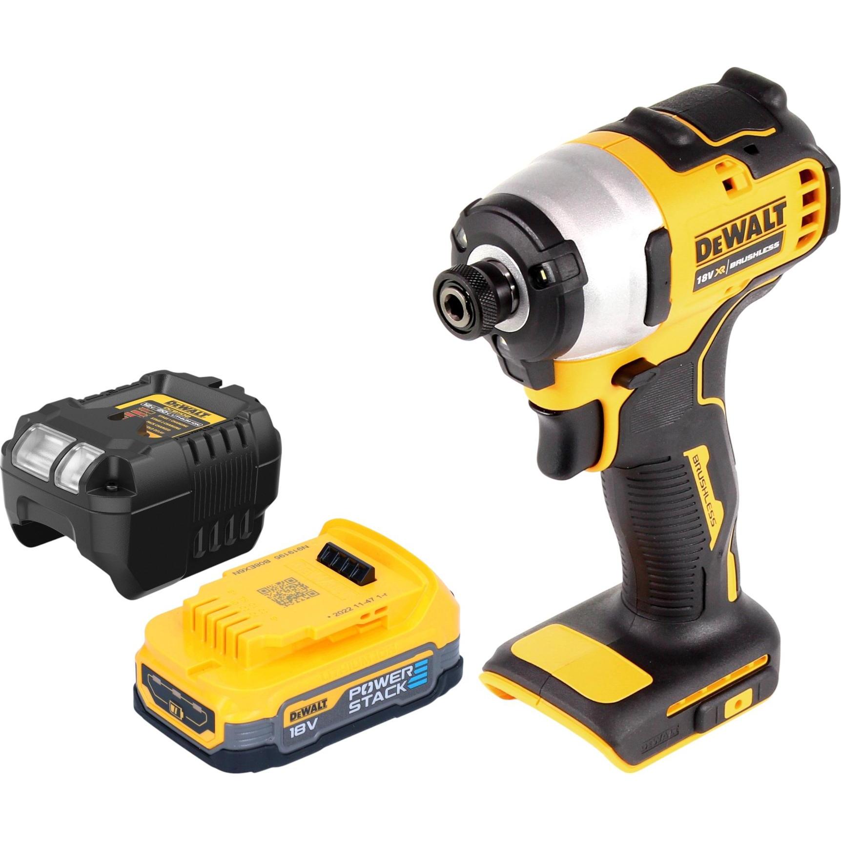 DeWalt, Bohrmaschine + Akkuschrauber, DCF 809 E1 Akku Schlagschrauber 18 V 190 Nm 1/4" Brushless + 1x Powerstack Akku 1,...