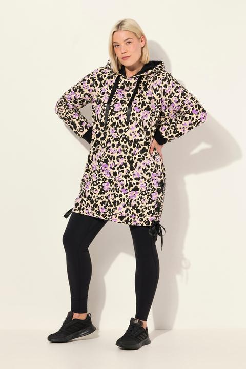 Image du produit Ulla Popken Long sweat-shirt à capuche, manches longues et bandes en satin. Motif léopard. (56)