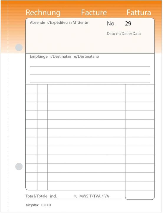 Actual product image Simplex Carbonless copybook Invoices Oneco (100x)