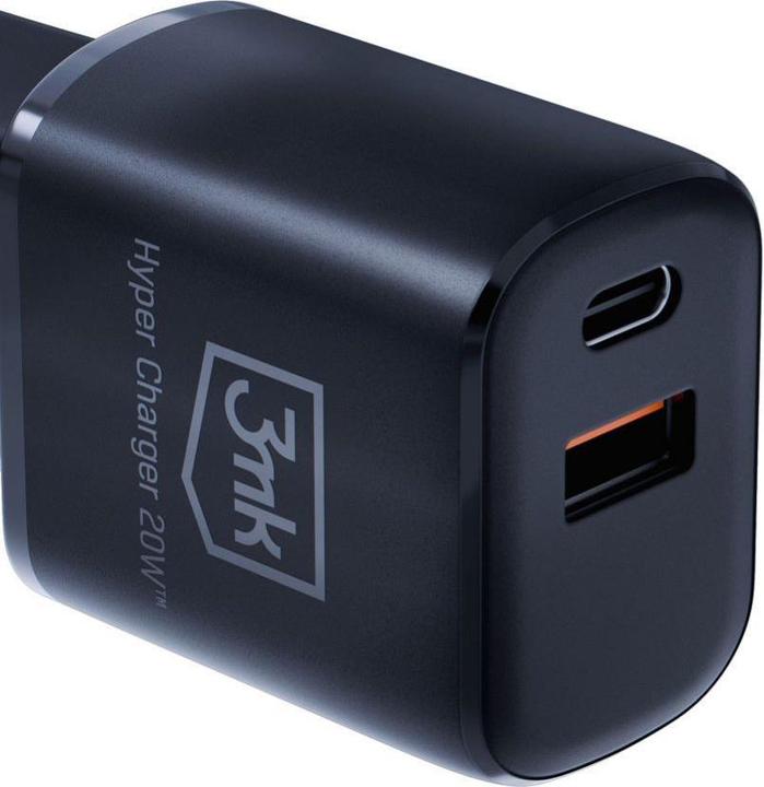 Actual product image 3MK HyperCharger 20W 1xUSB-C + 1xUSB-A ładowarka sieciowa PD/QC czarna/black (20 W, 2 ports)