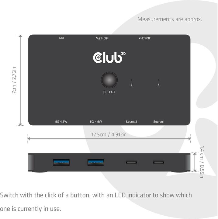 Produktbild Club 3D Club3D KVM Switch 4K60Hz 2x USB-C> HDMI/3xUSB/USB-C 100W PD
