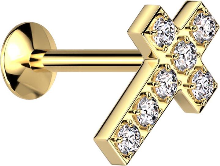 Actual product image Star Piercing Micro Threadless UFO Labret vergoldet Kreuz vergoldet Kristalle silber (without brass, Surgical steel 316L)