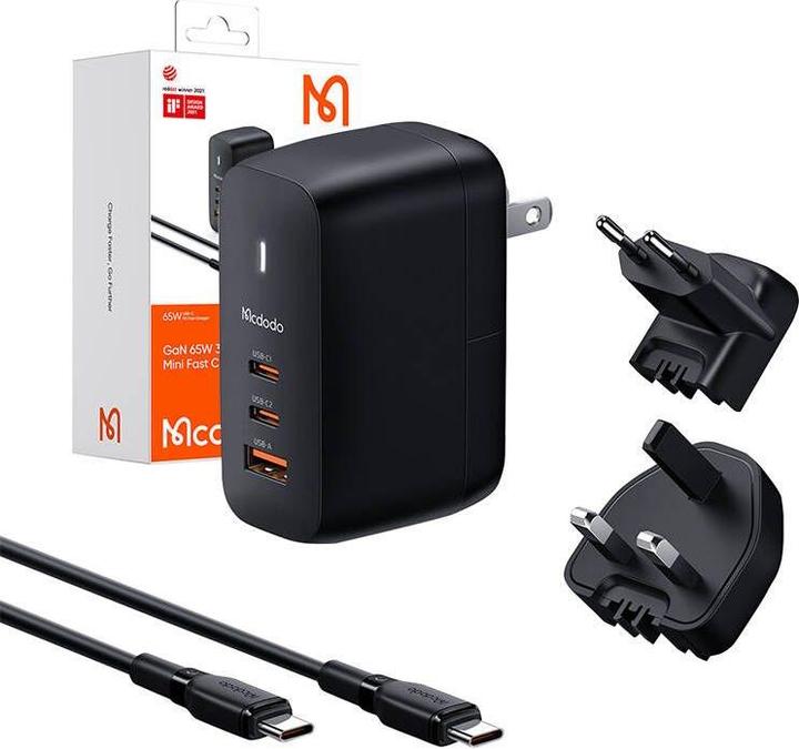Produktbild Mcdodo 65W Ladegrät inkl. Ladekabel 60W Typ-C zu Typ-C (EU/UK/US) Reddot Winner 2021 - Schwarz (65 W, 1 Port)