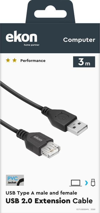 Produktbild Ekon Type A Male - Female USB 2.0 Extension Cable (3 m, USB 2.0)