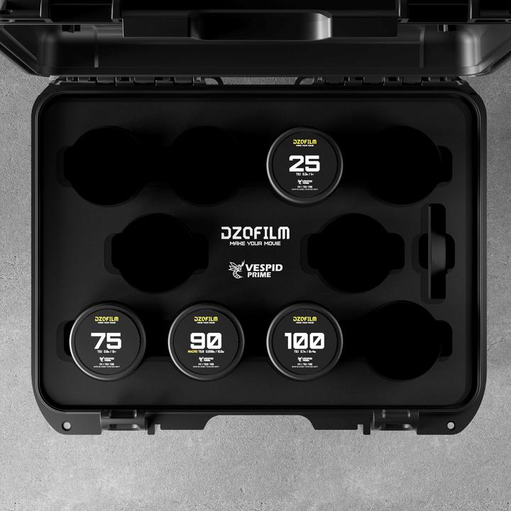 Actual product image Dzofilm Vespid Prime 4-Lens Kit (25/75/100 T2.1 + Macro 90 T2.8) metric (L-Mount, full size)