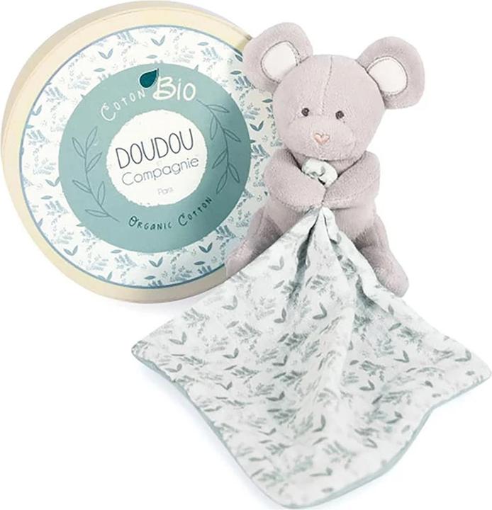 Productafbeelding Doudou et Compagnie Biologische muis met knuffeldoekje, olijfgroen 15cm