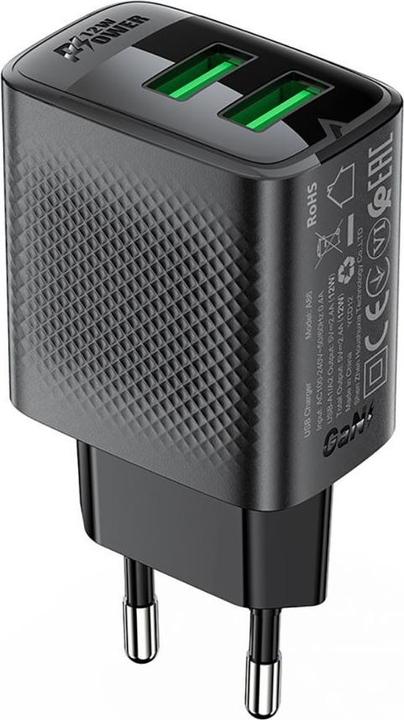 Actual product image Acefast A86 mains charger 2x USB-A 12W - black (12 W, 2 ports)