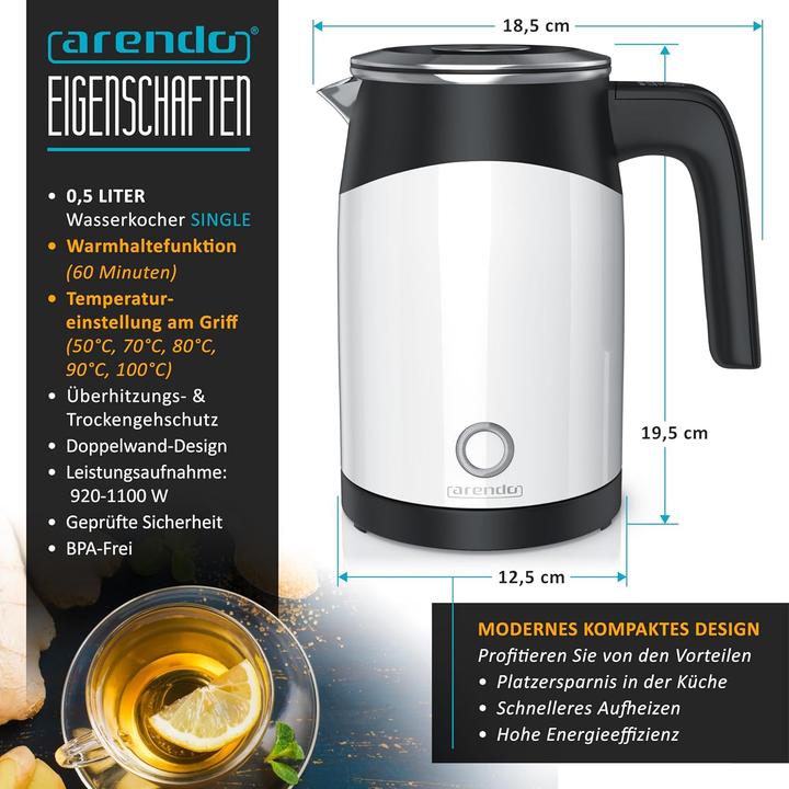 Produktbild Arendo Wasserkocher mit Temperatureinstellung & Warmhaltefunktion (0.50 l)