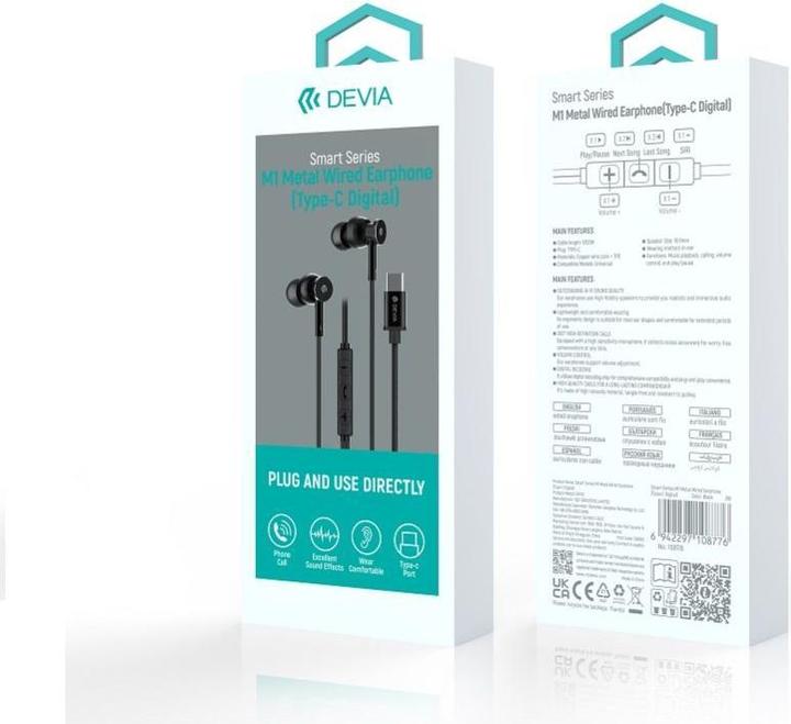 Actual product image Devia wired earphones Smart M1 Digital Metal USB-C black (Cable)